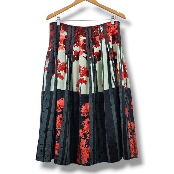 J. Peterman Midi Skirt 12 Wool Lined Pleated Tree Print Gray Red Preppy Fairy - Picture 2 of 12